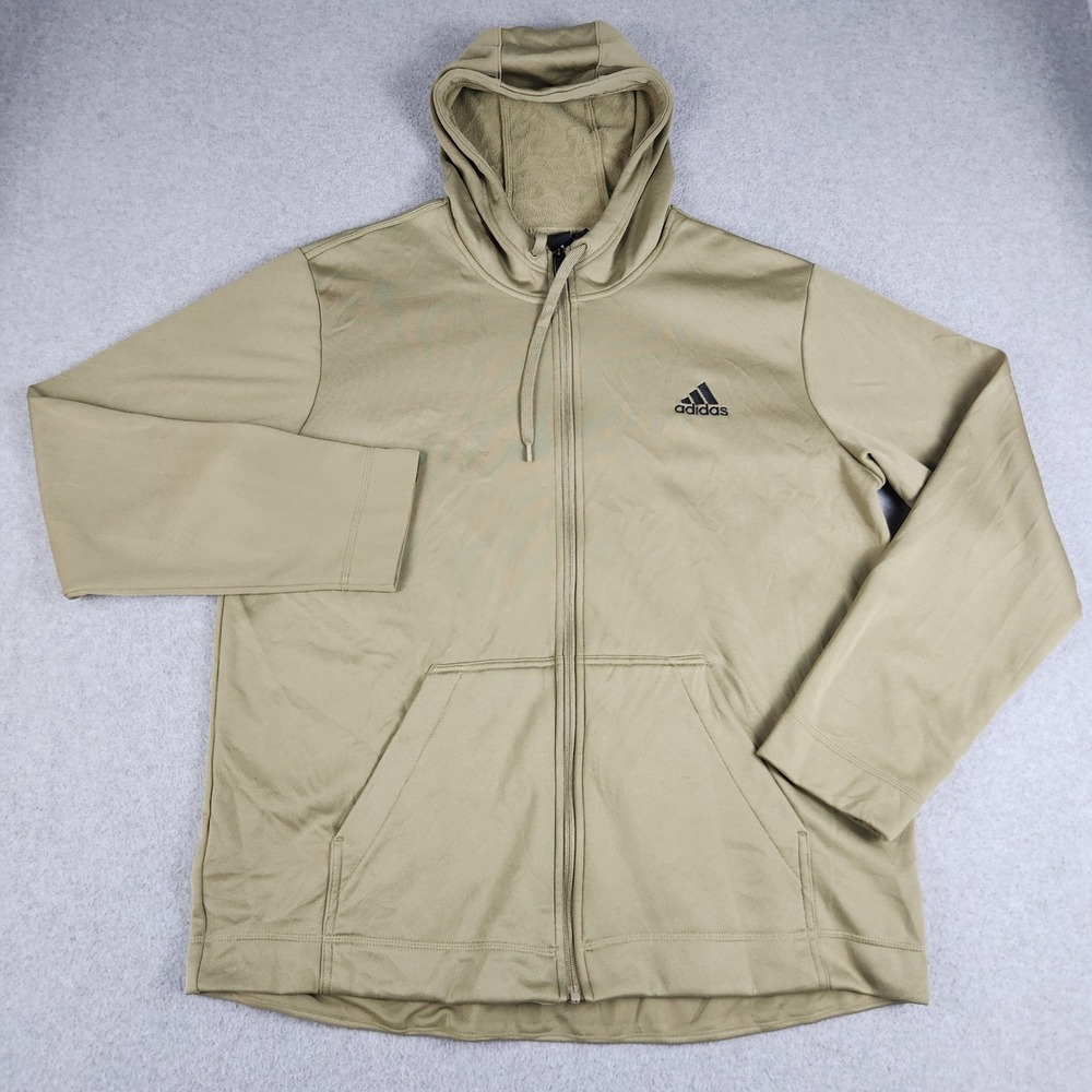Adidas Hoodie Men XL Tan Aeroready Fleece Lined Sport Long Sleeve Logo Full‎ Zip